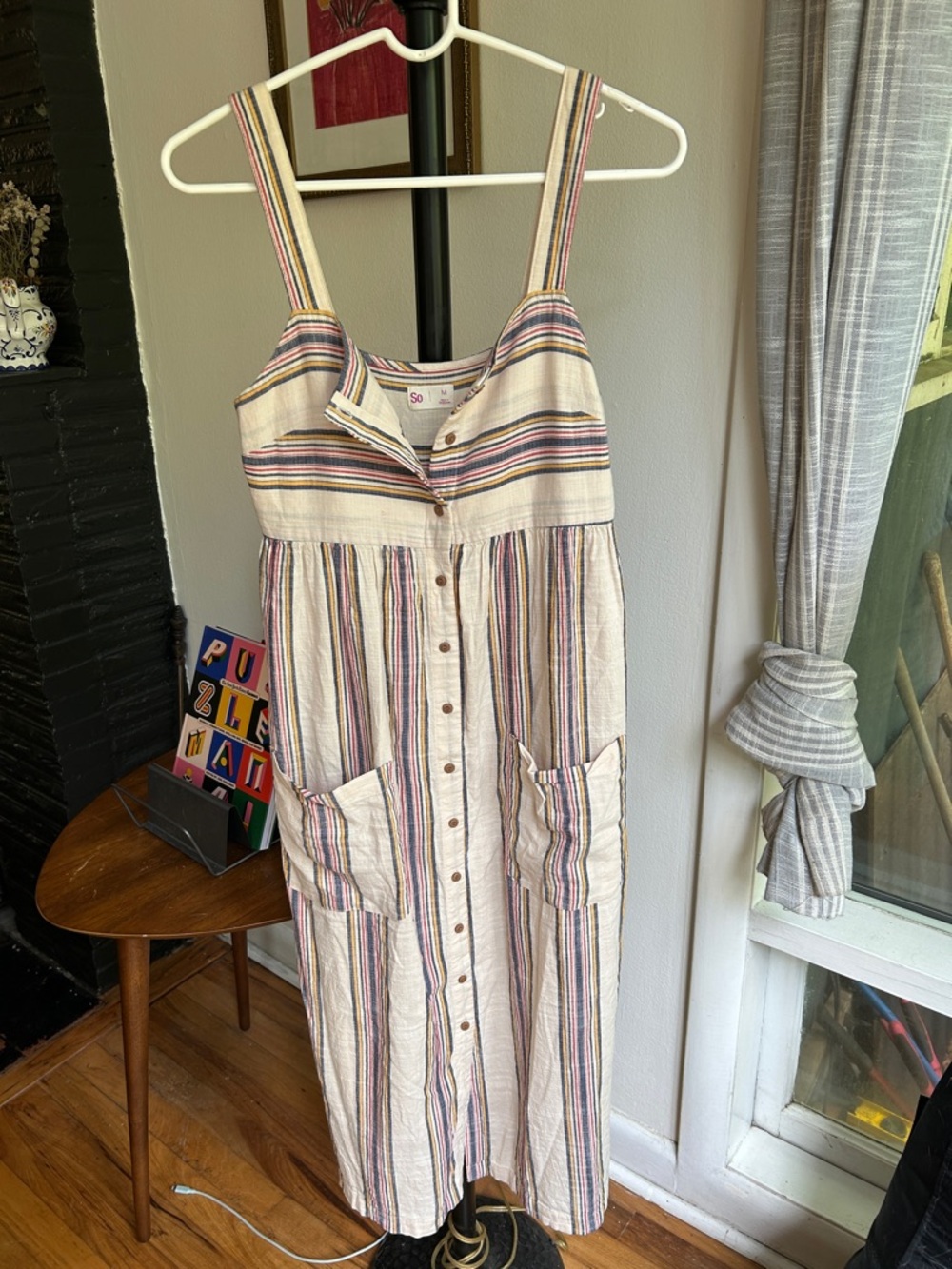 SO Striped Cream Midi Dress with Navy, Red, and Yellow Accents